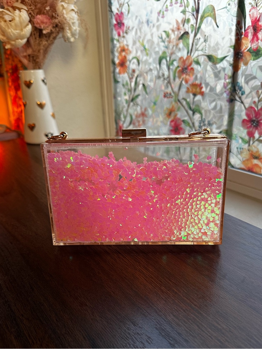 Vintage Floating Heart Acrylic Clutch Pink Iridescent Box Bag Gold Chain